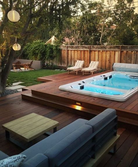 Pool Deck Decorating Ideas: Transform Your Outdoor Space Jacuzzi Built In Deck, Swimspa Landscape Ideas, Swim Spa Backyard Ideas With Deck, Swim Spa Deck Ideas, Hot Tub Enclosure Ideas, Whirpool Outdoor, 10 Person Hot Tub, Swim Spa Deck, Swim Spa Landscaping