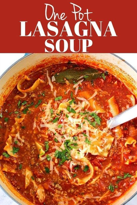 This Lasagna Soup is an easy and flavorful comfort food idea for busy days. Ground beef and noodles are cooked together in tomato based soup, then topped with ricotta and Parmesan cheese. #soup #lasagna Tomato Based Soup, Soup Lasagna, Ground Beef And Noodles, Easy Lasagna Soup, Dog Muffins, Oven Ready Lasagna, Creamy Carrot Soup, Lasagna Soup Recipe, Pot Lasagna