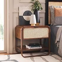 Wood And Rattan Furniture, Rattan Accent Wall, Reeded Nightstand, Rattan Furniture Bedroom, Nightstand Rattan, Cane Nightstand, Rattan Nightstand, Rattan Bedroom, Rattan Shelf