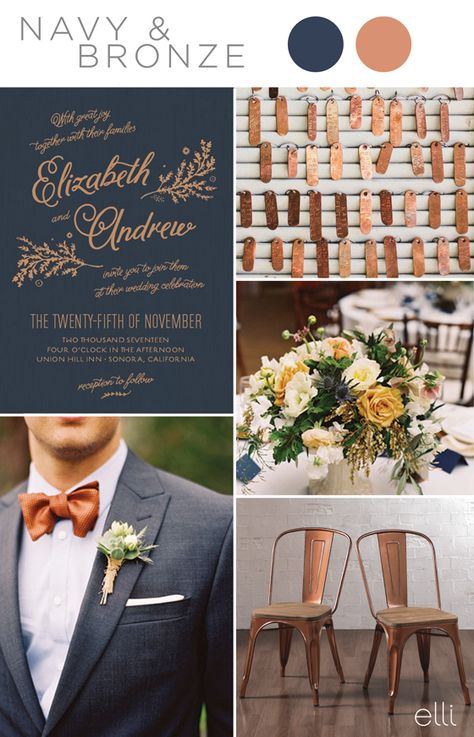 Top 5 Navy Blue Color Palettes for 2017 Weddings Navy Blue Wedding Color Schemes, Autumnal Bouquet, Blue Color Palettes, Wedding Color Schemes Blue, Copper House, Navy And Copper, Bronze Wedding, March Wedding, Copper Wedding