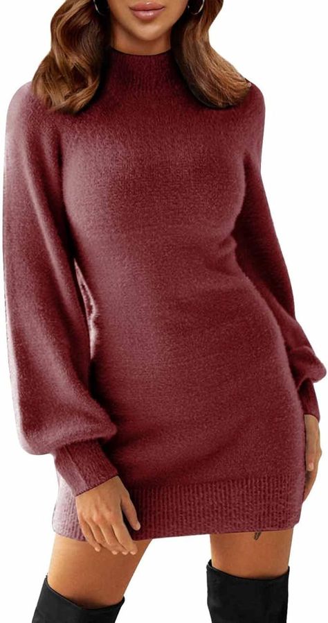 Feature: Long puff sleeve style, turtleneck, flattering slim fitted, chic bodycon sweater dresses, hits at mid thigh, body hugging; solid long sweaters dress #AD Mock Neck Sweater Dress, Bodycon Sweater Dress, Bodycon Sweater, Mini Sweater, Long Sweater Dress, Turtleneck Sweater Dress, Stylish Sweaters, Flattering Dresses, Mini Sweater Dress