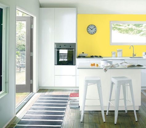 Go Bananas!  Accent Wall Color: Banana Yellow  -  Under Island & Ceiling Color: Paper White Benjamin Moore Constellation, Best Wall Paint, Ceiling Paper, Accent Wall Colors, Color Combinations Paint, Trending Paint Colors, Accent Wall Paint, Interior Wall Paint, Colour Trends