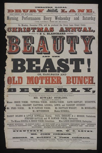 Beauty and the Beast poster by Judd & Glass, 1869 | Victoria and Albert Museum #Christmas #Theatre #Victorian #Pantomime Victorian Era Poster, Old Theatre Posters, Victorian Posters, Beauty And The Beast Poster, Christmas Theatre, Victorian Theatre, Locke Lamora, Theatre Drawing, Retro Pub