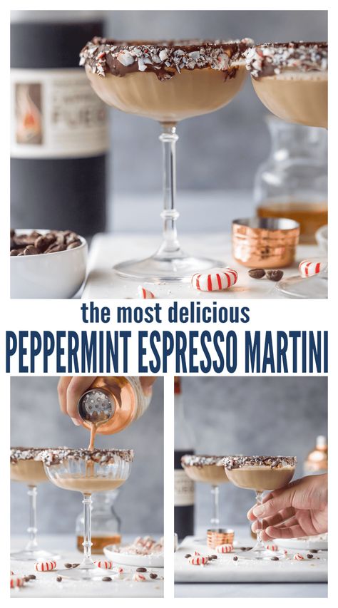 This chilled peppermint espresso martini is deliciously smooth and a great way to kick off the holiday season. Every sip will feel super fancy and festive with the dark chocolate-peppermint rim! Serve it in a pitcher with toppings in different bowls for a Christmas cocktail party! #espressomartini #holidaycocktail #Christmascocktail #martinirecipe Virgin Espresso Martini Recipe, Peppermint Bark Martini Recipe, Peppermint Rumchata Martini, Chocolate Peppermint Espresso Martini, Espresso Martini With Espresso Vodka, Screwball Espresso Martini, Fun Martini Drinks, Espresso Martini Peppermint, Chocolate Peppermint Martini Recipe