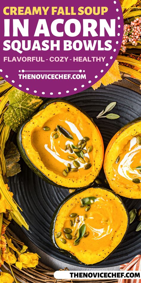 This creamy fall soup in acorn squash bowls is a show-stopping entree. Made with roasted veggies, aromatics, and coconut milk, you won't believe how comforting it is. Add pumpkin seeds for crunch and enjoy. It's perfect for chilly nights! Squash Bowl, Recipes With Coconut Cream, Acorn Squash Soup, Green Bean Casserole Easy, Coconut Milk Soup, Acorn Squash Recipes, Fall Soup, Easy Autumn Recipes, Fall Soup Recipes