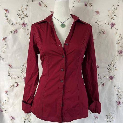 Red button up long sleeve. Best fits a s/m - Depop Maroon Button Up Shirt Outfits Women, Fitted Shirts Outfit, Fitted Button Up, Red Button Up, Red Button Up Shirt Outfit, Red Collared Shirt, Red Dress Shirt, Red Button Up Shirt, Red Shirt Dress