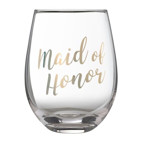 Purchase the Lillian Rose Gold "Maid of Honor" Stemless Wine Glass at Michaels. com. When it comes to planning your wedding, there's no one who plays a more important role than your maid of honor. When it comes to planning your wedding, there's no one who plays a more important role than your maid of honor. Show her how much you appreciate her by getting her a chic stemless wine glass complete with “Maid of Honor” elegantly printed in gold lettering. Your maid of honor will raise her class in st Maid Of Honor Gift Ideas, Bridal Party Wine Glasses, Cups For Wedding, Canvas Wine Bag, Bride Mug, Maid Of Honor Gifts, Etching Ideas, Lillian Rose, Bottle Cozies