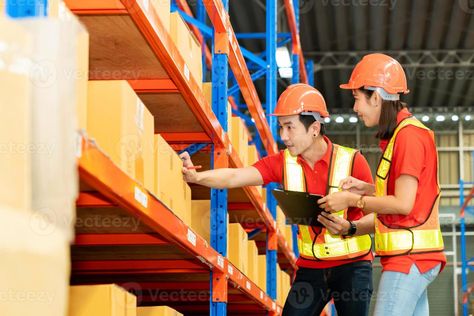 Man worker hold clipboard document talking to woman in warehouse store. Male and female engineers people wear safety hard helmet and vest  checking storage box parcel in factory Female Engineer, Factory Worker, Marketing Design, Heart With Arrow, Clipboard, Male And Female, Custom Branding, Custom Logo Design, Business Travel