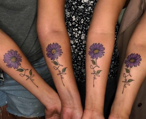 Deep Purple Flower Tattoo, Purple Memorial Tattoo, Aster Rose Tattoo, Purple Aster Flower Tattoo, Dark Daisy Tattoo, Purple Flower Tattoo Designs, Purple Sunflower Tattoo, Dark Purple Tattoo, Purple Feather Tattoo