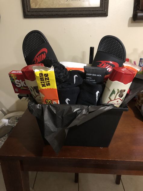 Soccer Gift Basket For Boyfriend, Nike Gift Basket Ideas For Him, Men Spooky Basket, Basket For Him, Mens Spooky Basket, Boyfriend Basket Ideas, Football Basket Ideas Boyfriend, Spooky Basket Ideas For Boyfriend, Gift Basket Ideas For Men Boyfriends