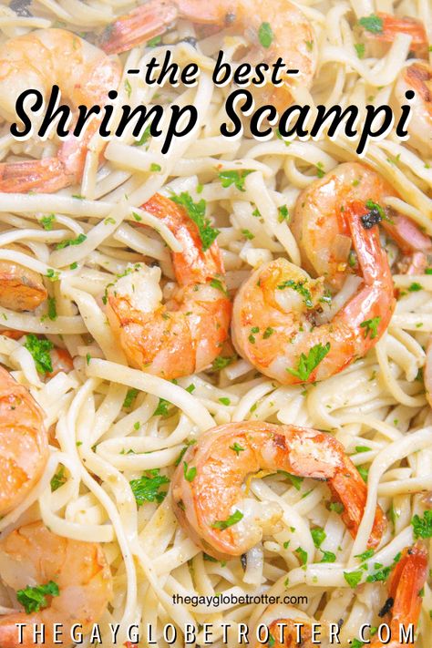 This easy shrimp scampi pasta recipe is an easy, fresh, and healthy dinner option. This classic Italian pasta dish is made with shrimp cooked in a delicious white wine, shallot, and lemon sauce, then tossed with linguine or angel hair pasta! #gayglobetrotter #shrimpscampi #scampi #shrimp #pasta #linguine #shrimpdinner #pastadinner #italian Shrimp Linguini Recipe, Shrimp Picayune, Shrimp And Linguine Recipes, Shrimp Linguine Recipe Easy, Best Shrimp Scampi, Best Shrimp Scampi Recipe, Linguine With Shrimp, Shrimp Linguine Recipe, Scampi Shrimp