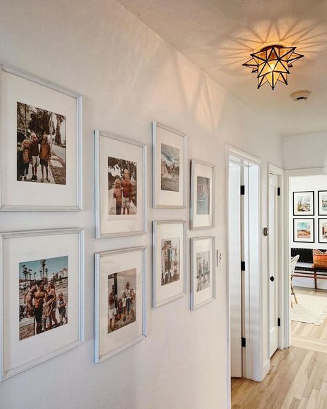 Shiplap Staircase, Long Narrow Hallway, Hallway Pictures, Hallway Gallery Wall, Stair Paneling, تحت الدرج, Gallery Wall Layout, Family Photo Wall, Narrow Hallway Decorating