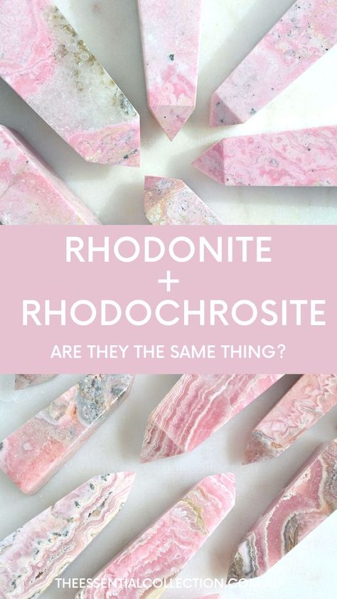 Rhondonite vs. Rhodochrosite which one is better? | Rhondonite + Rhodochrosite are two crystals that are commonly mistaken for eachother, let us show you the difference. Physical Characteristics, Crystal Healing Stones, Wedding Glasses, What Is The Difference Between, Beautiful Rocks, Rocks And Gems, Crystal Art, Healing Stones, Stones And Crystals