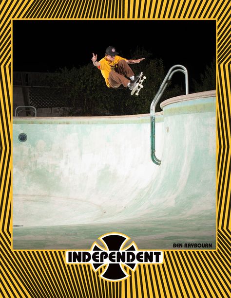 All terrain terror Ben Raybourn floats one over the ladder from the deep end for his first Independent Trucks ad. #independenttrucks #benraybourn Advertisement Ideas, Independent Trucks, Skateboard Trucks, Safety Gear, Art Show, Skateboarding, Snowboarding, Clothing And Accessories, Skating