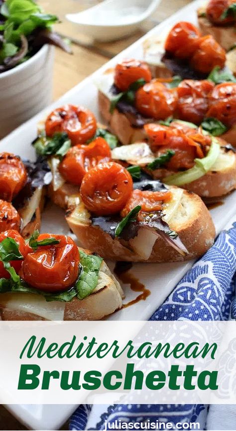 Mediterranean Bruschetta Mediterranean Bruschetta, Mediterranean Dinner Party, Mediterranean Party Food, Vegan Bruschetta Recipe, Bruschetta Bites, Mediterranean Party, Bruschetta Recipe, Roasted Cherry Tomatoes, Mediterranean Cuisine