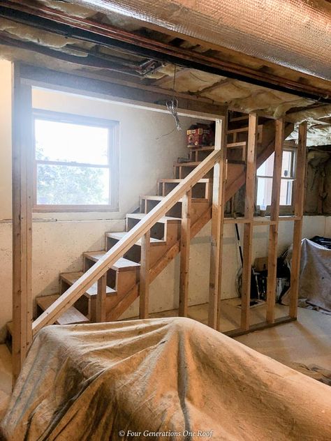 Farmhouse Basement Stairs, Opening Up Basement Stairwell, Basement Stairs Wall Ideas, Basement Staircase Makeover, Basement Stairs Makeover, Open Staircase To Basement, Basement Stairway Ideas, Under Basement Stairs, Open Basement Stairs