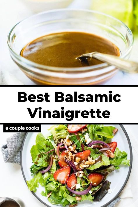 This balsamic vinaigrette recipe is one of the best salad dressings you’ll make! It’s classic, tangy, and easy to make at home. Pop over to my site for the recipe! | condiments | salad dressing | salads | Easy Homemade Salad Dressing, Balsamic Vinaigrette Salad, Homemade Balsamic Vinaigrette, Salad With Balsamic Dressing, Basil Vinaigrette, Balsamic Vinaigrette Dressing, Vinaigrette Salad, Favorite Salad, Salad Pasta