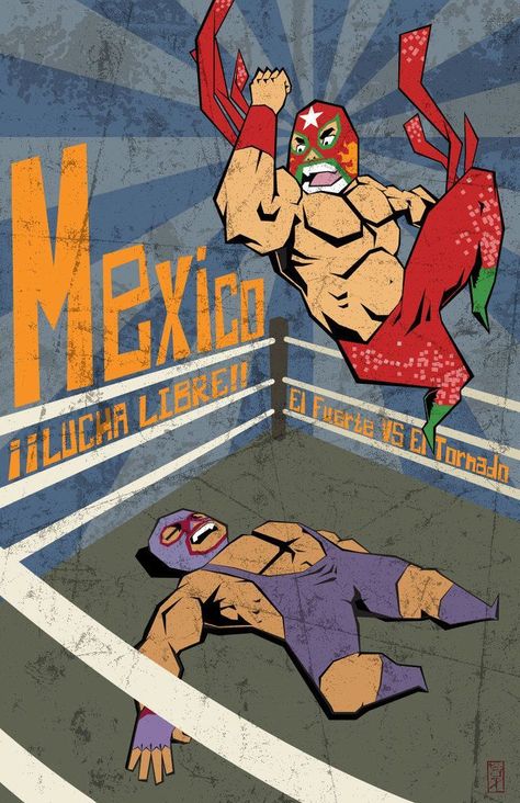 Luchador Illustration, Misaki Kawai, Mexico Travel Poster, Mexican Wrestler, Wrestling Posters, Boxing Posters, Wrestling Stars, Anatomy Poses, Action Poses