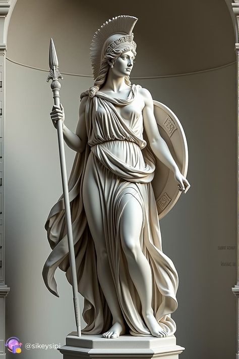 This statue of Athena in elegantly draped robes showcases her as the embodiment of elegance and divinity. Her pose radiates calm and confidence, emphasizing her role as the goddess of wisdom. #Athena #DrapedRobes #Elegance #Divinity #GreekMythology Athena Greek Goddess Art, Athena Statue Aesthetic, Athena Drawing Greek Mythology, Athena Spear, Athena Statue Tattoo, Athena Aesthetic Goddess, Greek Statues Women, Athena Goddess Art, Athena Goddess Statue