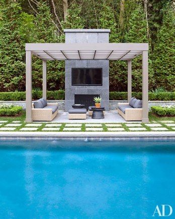 Beautiful pool area Poolside Pergola, Modern Pergola, Backyard Pergola, Patio Roof, Westchester County, Pergola Kits, Pergola Plans, Pergola Patio, Outdoor Fireplace