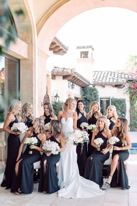 We love how this bridal party leaned in to the black and white wedding theme with their floor length black bridesmaid dresses and white bridesmaid bouquets. Brought to life by wedding planner- Sterling Social, wedding florist- R. Jack Balthazar and wedding photographer- Jana Williams Photography. Black Bridesmaid Dresses Long, Black Bridesmaids Dresses, Black And White Wedding Theme, White Wedding Theme, White Bridesmaid, Black Bridesmaids, White Bridesmaid Dresses, Wedding Picture Poses, Black And White Wedding