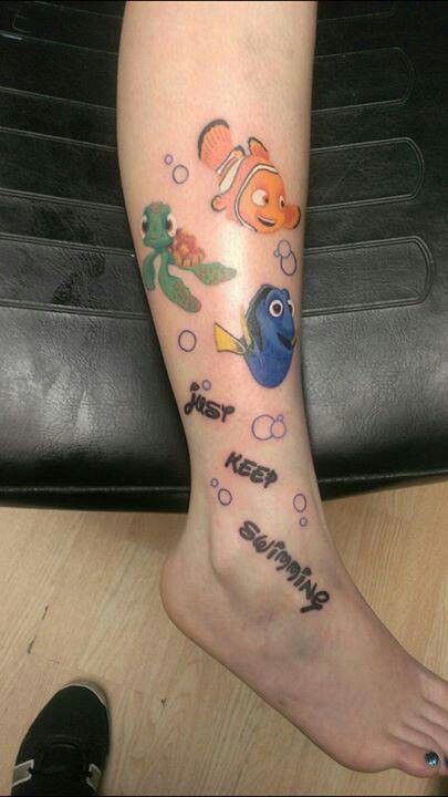 Cute Nemo And Dory Tattoos, Nemo Tattoo Ideas, Finding Nemo Tattoo Ideas, Squirt Tattoo Finding Nemo, Dory Tattoo Small, Finding Nemo Tattoo, Tattoo Ideas Disney, Nemo Tattoo, Dory Tattoo