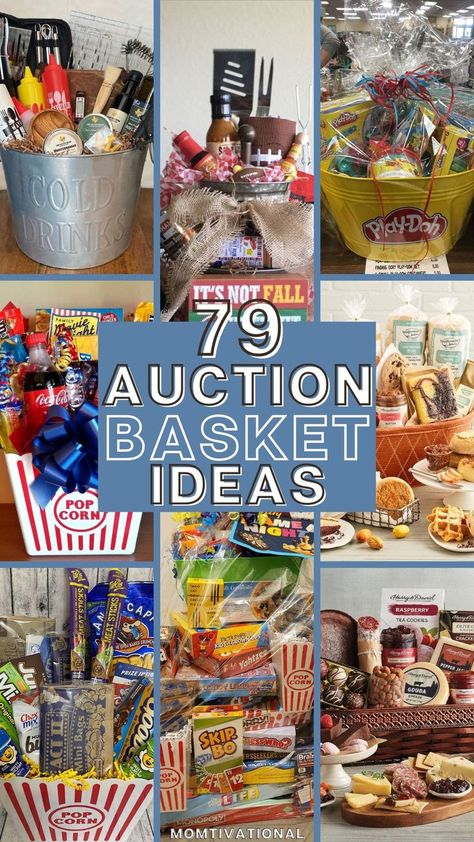 Collage of auction gift baskets with various themes and items for fundraising raffles and silent auctions, perfect for inspiring creative fundraiser baskets. Ideas For Fundraisers, Auction Basket Themes, Ideas For Fundraising, Auction Basket Ideas, Basket Themes, Silent Auction Gift Basket Ideas, Raffle Gift Basket Ideas, Auction Gift Basket Ideas, Fundraiser Raffle