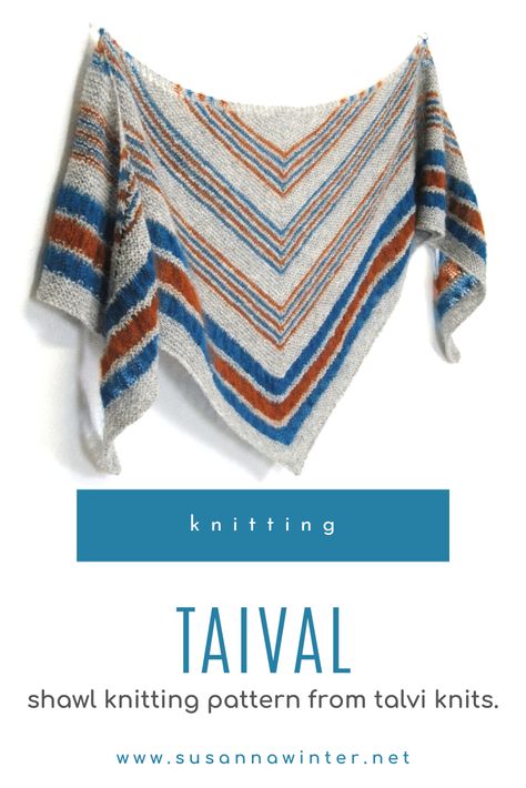 Introducing Taival, a captivating three-color triangular shawl knitting pattern with garter stitch, alternating stripes, and a ruched border. In this blog post I detail the inspiration behind the top-down shawl design, the benefits of the shallow triangle shape and how it's achieved, how the ruched border is made, why sharp needles are a must, what types of yarns to knit the shawl with, and where you can download the pattern. #knitting #knit #shawl #shawlknitting #stripes #ruched Autumn Knitting, Garter Stitch Scarf, Shawl Design, Garter Stitch Knitting, Striped Knitwear, Shawl Knitting, Striped Shawl, Triangle Shawl, Lace Weight Yarn