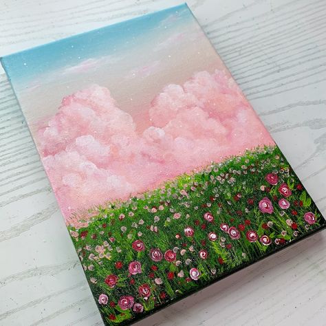 Pink Cloud Painting Acrylic, Clouds And Flowers Painting, Pink Landscape Painting Acrylic, Pink Background Acrylic Painting, Cloud Landscape Painting, Simple Landscape Painting Ideas, Pink Flowers Painting Acrylic, Acrylic Painting Inspo Aesthetic Easy, Cloud Painting Easy