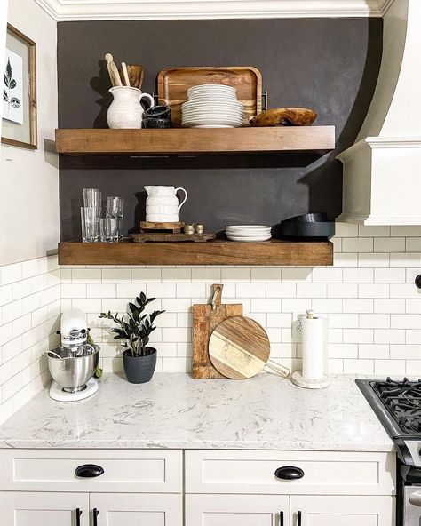 Floating Wood Shelves With Backsplash, Dark Wood Floating Shelves Kitchen, Dark Wood Kitchen Shelf, White Subway Tile Kitchen Backsplash Wood Countertop, Glass Serveware, Black & White Tile Backsplash Butcher Block Shelves, Georgian Farmhouse, Pictures For Instagram, Granite Kitchen Counters