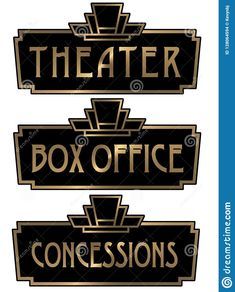 Illustration about Theater Box Office Art Deco Concessions Signs Elegant 1920s 1930s 1940s Gold and Black Isolated. Illustration of playing, entertainment, elegant - 128064594 Ornamental Corner, Deco Cinema, Basement Movie Room, Art Deco Theater, Cinema Sign, Theatre Inspiration, Theatre Sign, Movie Room Decor, Retro Frame