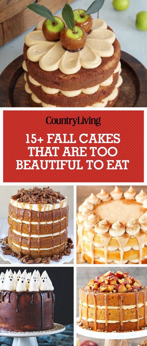 Get inspired by these eye-catching and delicious fall cake recipes featuring apples, pumpkin, pecans, caramel, and more autumn flavors. Seasonal Cake Flavors, Autumn Cake Flavors, Halloween Cake Flavors, Thanksgiving Themed Cakes, Autumn Cake Decorating, Fall Themed Cakes, Upsherin Ideas, Fall Themed Cake, Cake Flavor Ideas