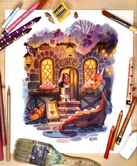 Fantasy Color Pencil Art, Advertising Illustration, Crayola Drawing, Colour Pencil Sketches, Colour Pencil Illustration, Color Pencil Illustration Prismacolor, Gouache And Colored Pencil Illustration, Gouache Concept Art, Studio Ghibli Art Gouache