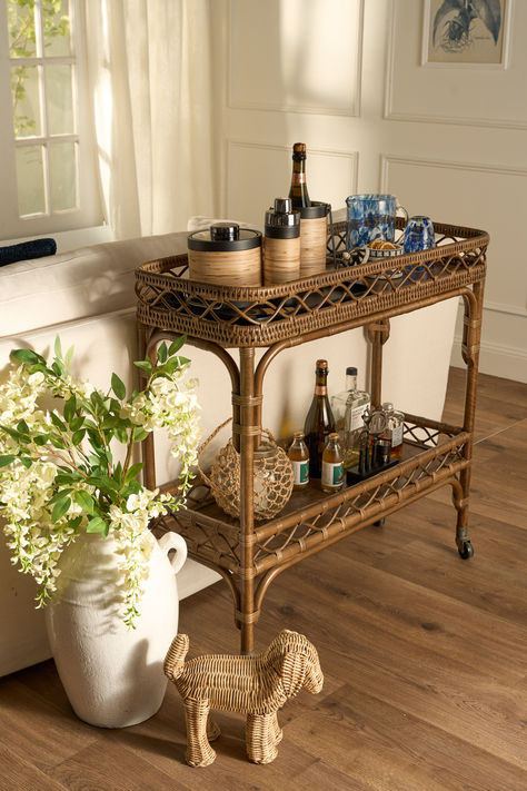 Bring the essence of a tropical getaway into your home with the Palm Cove Bar Cart from Florabelle. Perfect for stylishly serving your favorite drinks and adding a touch of exotic charm to any gathering. 🌴🍹 #HomeEntertaining #TropicalDecor #BarCart Cottage Bar Cart, Drinks Cart Styling, Spanish Style Bar, Style Bar Cart, Wicker Bar Cart, Bar Cart Inspo, Nook Design, Bar Trolley, Palm Cove