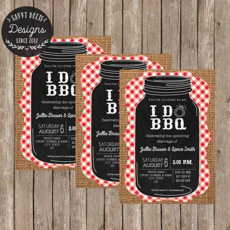 Invite Engagement, Bridal Shower Bbq, Engagement Bbq, Mason Jar Burlap, Picnic Reception, Bbq Invite, Chalkboard Mason Jars, Bridal Shower Decorations Rustic, Party Couple