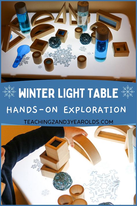 Winter Block Area Preschool, Flisat Table Activities Winter, Winter Loose Parts Play, Winter Light Table Activities, Light Table Winter Activities, Northern Lights Preschool Activities, January Reggio Activities, Winter Cognitive Activities For Toddlers, Winter Table Activities Preschool