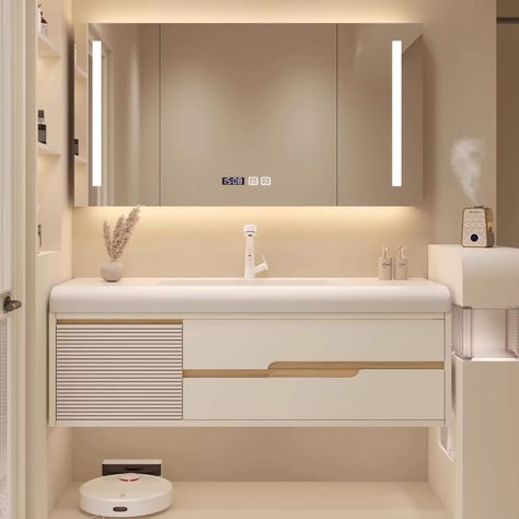 PRICES MAY VARY. Smart defogging mirror: Bathroom vanity using high-definition mirror, equipped with defogging function and LED lighting, uniquely shaped LED lights make the bathroom more stylish, more smarter and more convenient. Illuminate your beauty easily. Large capacity storage: The bathroom vanity is designed with multi-partition storage compartments, has a mirrored cabinet and two extra-large drawersso you can easily store and organize bathroom debris and reduce bathroom space occupation Floating Vanity Ideas Bathroom, Small Bathroom Sinks And Vanities, Wash Counter, Solid Wood Bathroom Vanity, Organize Bathroom, Partition Storage, Bathroom Big, Mirrored Cabinet, Small Bathroom Sinks