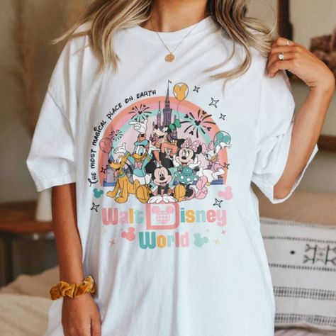 Unisex Short Sleeve Tee - Materials: 100% Cotton. Medium-Heavy Fabric (8.0 Oz/Yd (271.25 G/M)) - Size: S,M,L, Xl, 2xl - Loose Fit - Sewn In Label - Runs True To Size Retro Disney World, Disney Shirt For Women, Disney World Shirt, Disney Tank Tops, Disney Tanks, Retro Disney, Disney Clothes, Womens Disney Shirts, Disney World Shirts