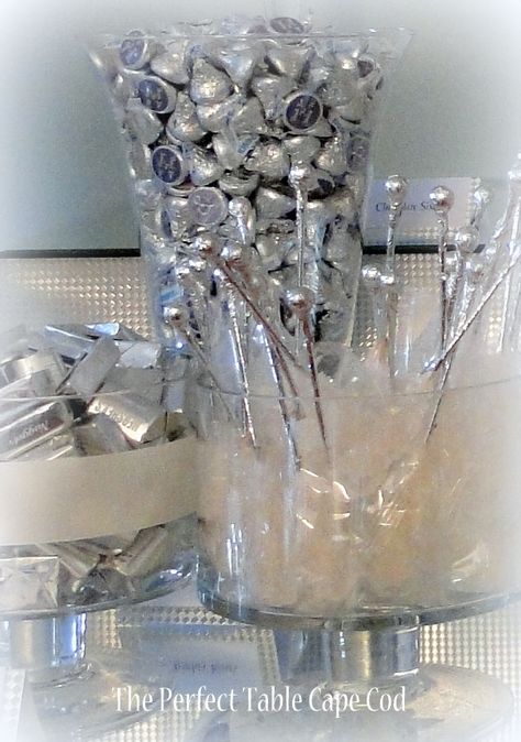 www.theperfecttablecapecod.com Silver and White Wedding Candy Buffet Silver Party Food Ideas, Silver Snacks For Color Party, Silver Dessert Table Ideas, Gold And Silver Candy Table, Silver Candy Buffet, Silver And White Wedding, Blue Candy Buffet, Wedding Candy Buffet, Wedding Snacks