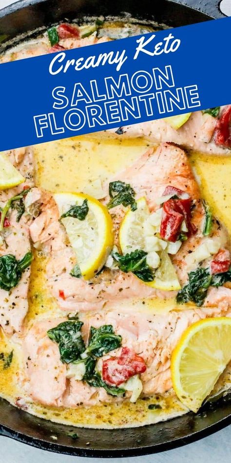 Creamy Lemon Salmon, Salmon Florentine Recipe, Salmon Florentine, Spinach Cream Sauce, Lemon Spinach, Florentine Recipe, Low Carb Salmon, Keto Salmon, Salmon Spinach