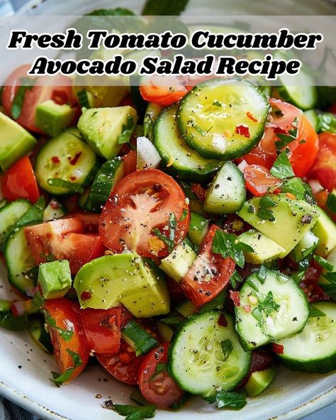 Combine halved cherry tomatoes, diced cucumber, avocado, red onion, chopped cilantro in a bowl.\nDrizzle with olive oil, lemon juice, toss gently, season with salt, pepper.\n#FreshVeggieSalad #HealthyFood\n Tomato Cucumber Avocado Salad, Cucumber Avocado Salad, Perfect Dinner Party, Avocado Salad Recipes, Cucumber Avocado, Tomato Cucumber, Veggie Salad, Interesting Food, Avocado Salad