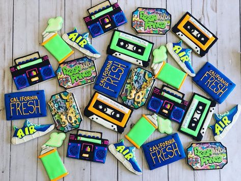 Prince Cookies, Fresh Prince Theme, Cookies Decorated With Royal Icing, Penguin Cookies, 90s Birthday, Farm Cookies, Prince Birthday Party, Candy Tables, Yummy Sugar Cookies