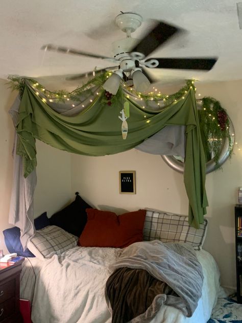 Fake Vine Canopy Over Bed, Fabric Room Decor, Fake Canopy Bed, Fabric On Ceiling Bedroom, Canopy Bed Corner, Ceiling Ideas Bedroom Aesthetic, Fairy Light Bedroom, Curtains Around Bed, Cozy Kitchen Ideas