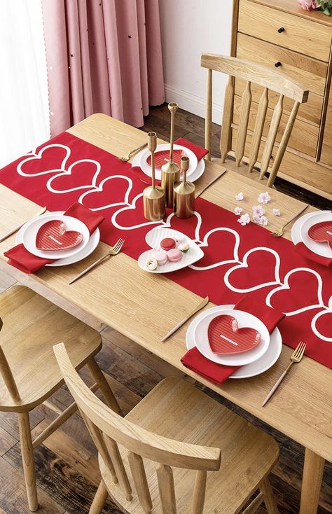 Valentines Day Table Runner, Valentines Day Table, Valentine Table, Romantic Table, Embroidery Hearts, Embroidered Table Runner, Red Rose Petals, First Mothers Day Gifts, Mother Day Gift