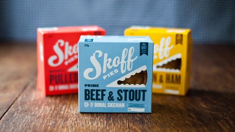 Skoff Pies | Dieline - Design, Branding & Packaging Inspiration Pie Packaging, Article Of The Week, Pie Box, Best Script Fonts, Cool Packaging, Graphic Design Packaging, Packaged Food, Food Packaging Design, Creative Packaging