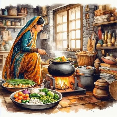 Kitchen Illustration Art, Village Scene Drawing, Village Backdrop, Indian Illustration, Scene Drawing, Indian Art Gallery, Indian Village, Art Village, Beautiful Art Paintings