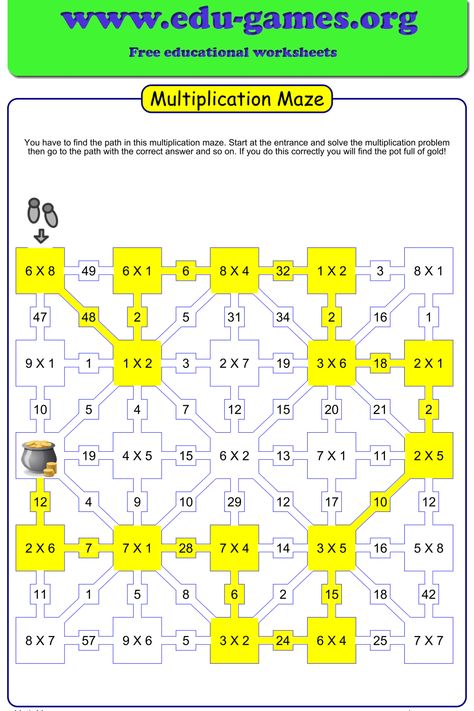 Find the path throught the maze by finding the correct answers to the multiplications. Activity On Addition For Grade 2, Math Mazes Free Printable, Addition Tricks, Mental Math Tricks, Math Maze, Tutoring Ideas, Number Names, Mental Maths Worksheets, Mental Maths