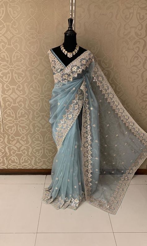 Organza fabric wid handwork sequins made saree .  Making time 25 days approximately Saree Prom Dress, Dusty Blue Saree, Farewell Sarees School Ideas, Latest Saree Trends Party Wear, Elegant Saree For Farewell, Dekha Dekhi, Sari Outfits, Ice Blue Saree, Reception Sari