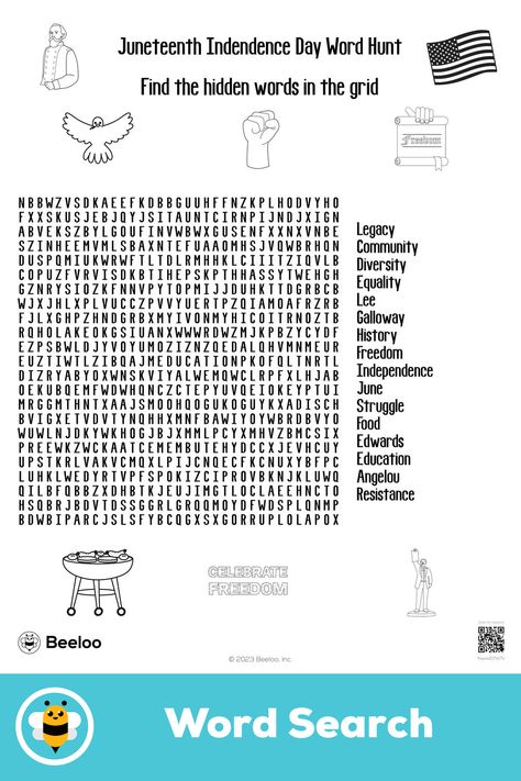 Advanced juneteenth-themed word search for kids ages 7 and up Word Search For Kids, Crafts And Activities For Kids, Hidden Words, Printable Crafts, Printable Activities, Screen Time, Word Search, Activities For Kids, Crafts For Kids