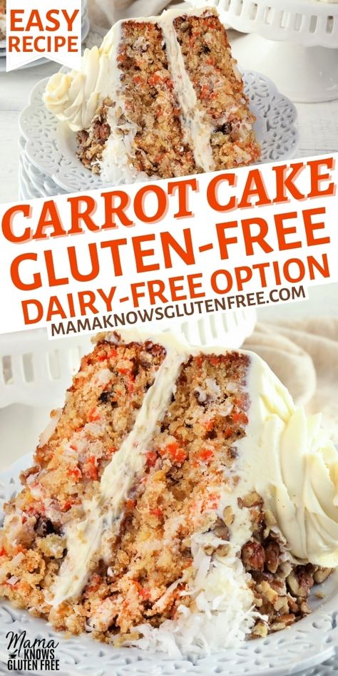 An easy recipe for gluten-free carrot cake with cream cheese frosting. This gluten-free cake recipe also has a dairy-free option. Gluten Free Dairy Free Cake, Gluten Free Carrot Cake Recipe, Lactose Free Desserts, Dairy Free Carrot Cake, Dairy Free Cake Recipe, Creamy Soups, Gluten Free Dairy Free Dessert, Dairy Free Baking, Gluten Free Cake Recipe